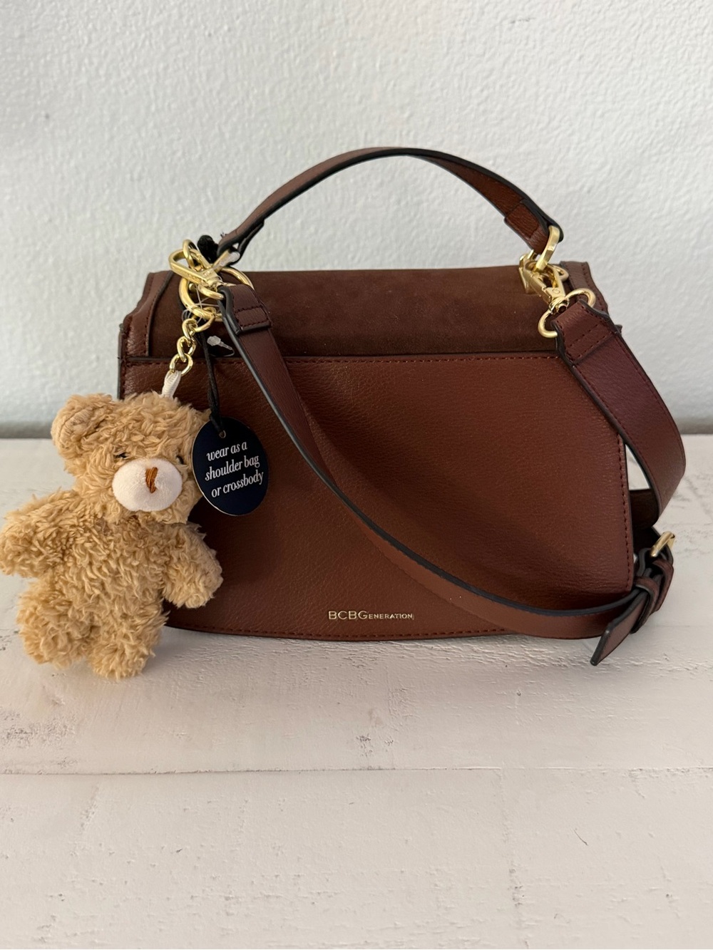 BCBGeneration Chocolate Brown Teddy Bear Charm Top Handle Crossbody Bag - Picture 6 of 14